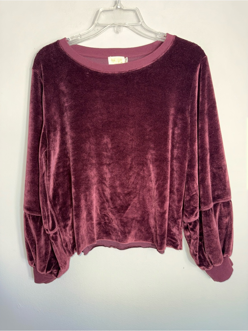 Nation LTD Long Balloon Sleeve Velvet Velour Top-Maroon Brown-Small